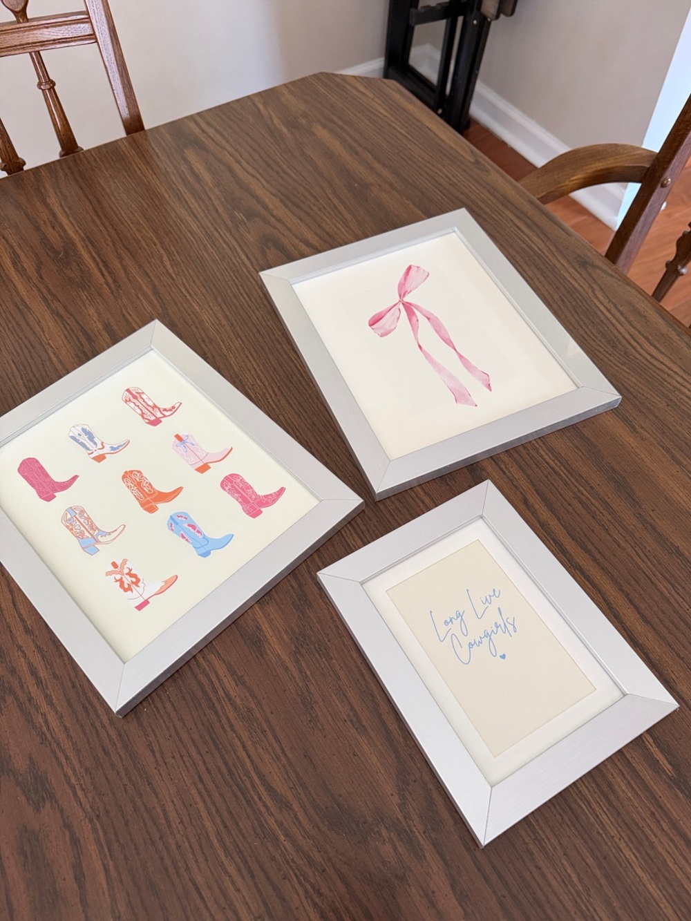 Silver-Framed Pink Accent Art Set - Bow & Boot Prints